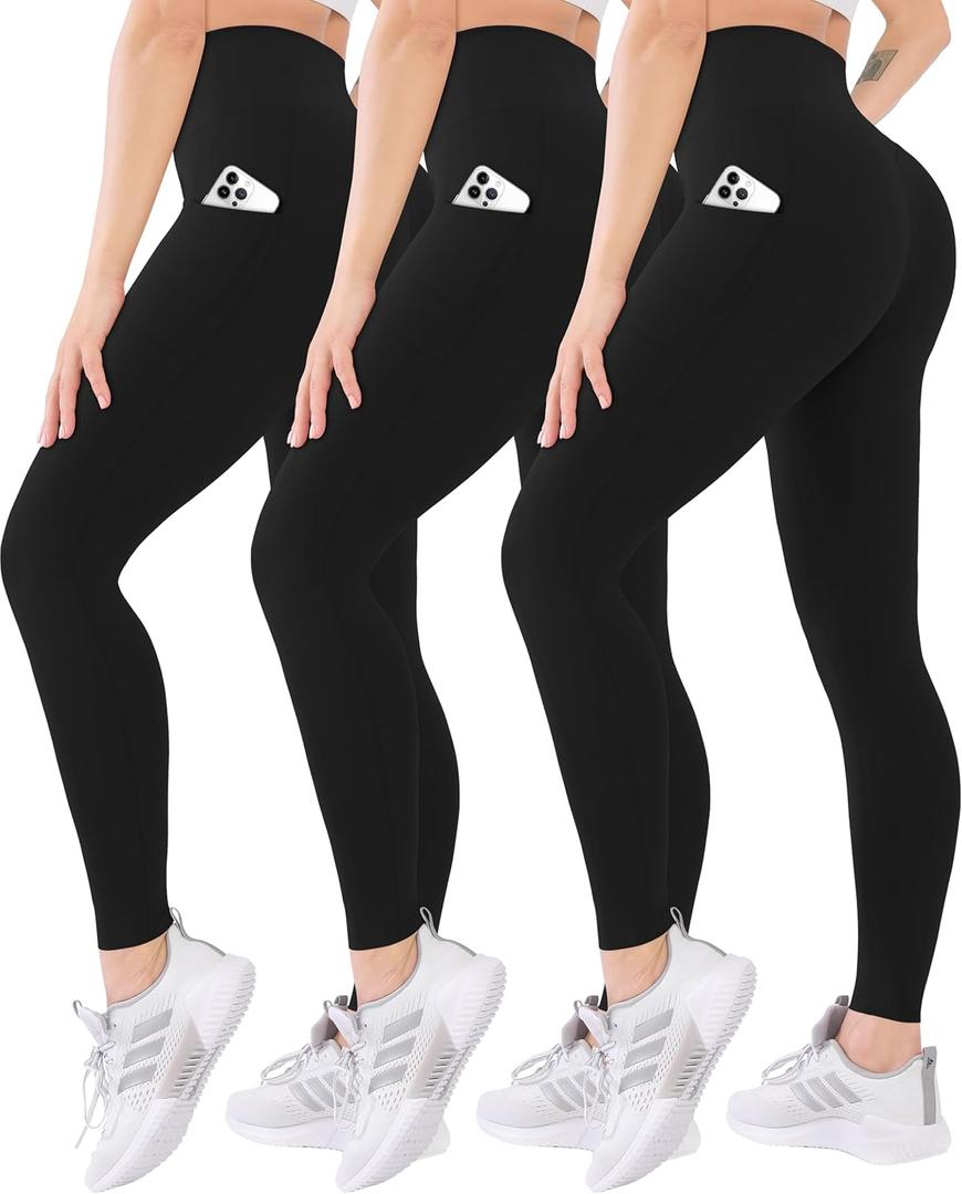 Blisset 3 Pack High Waisted Leggings for Women with Pockets Soft Active Tummy Control Pants for Yoga Running & Daily Wear (Black, XL)