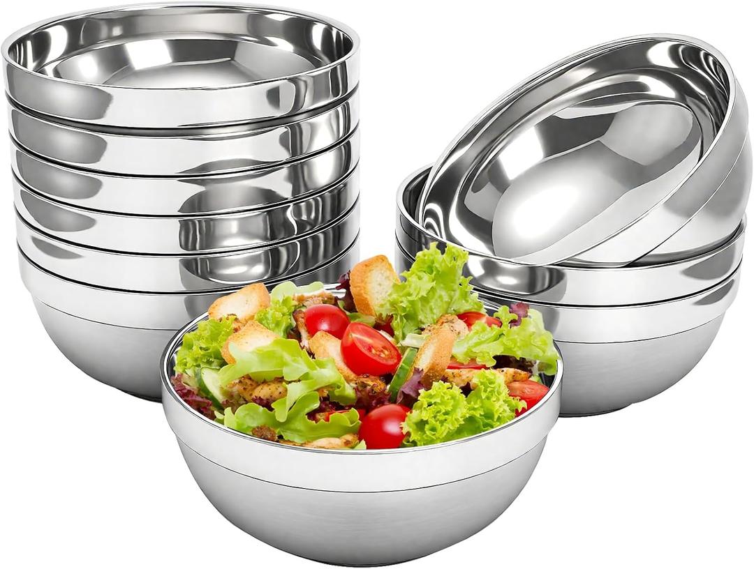 yarlung 10 Pack Stainless Steel Bowls 6.3 Inch Snacks Bowls, 25 Oz Soup Bowls Lightweight Salad Bowls Double-walled Metal Serving Dishes for Sauces, Noodle, Ice Cream