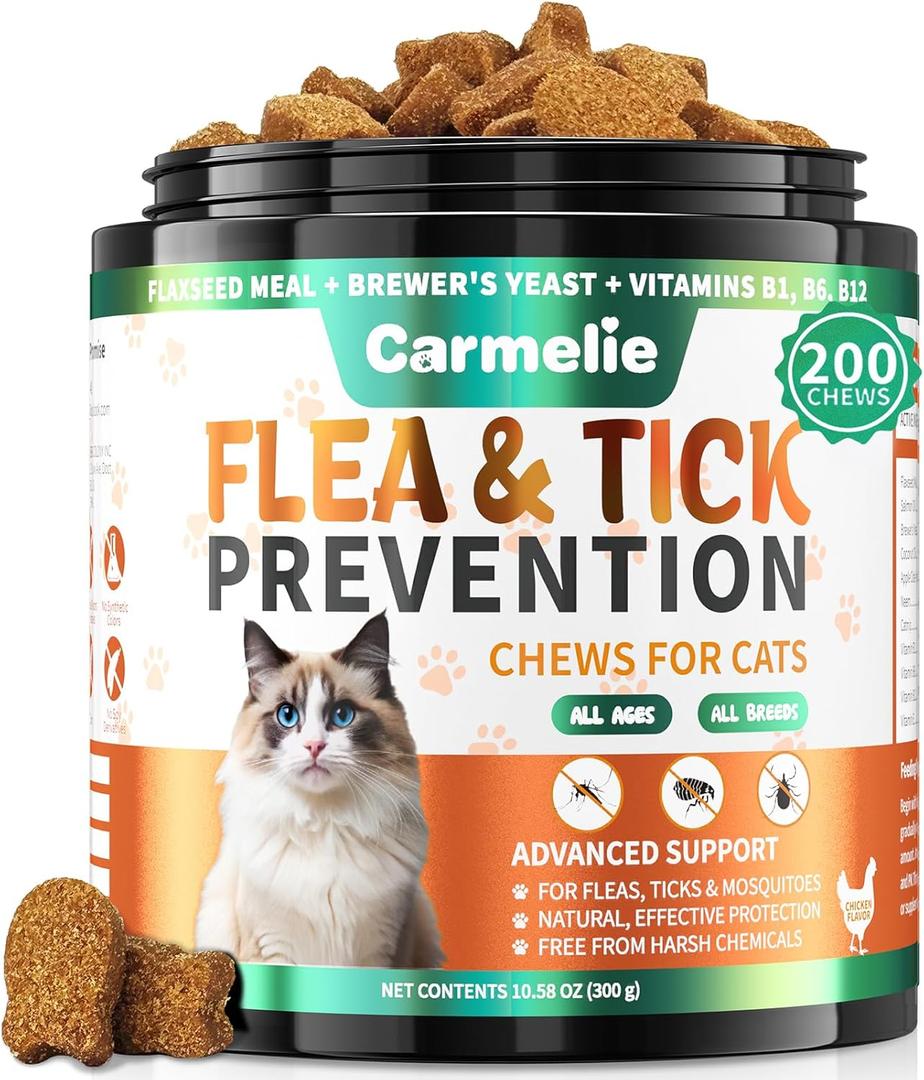 Flea and Tick Treatment for Cats - 200 Chews Flea and Tick Prevention for Cat Chewables - Flea Treatment for Cats All Breeds & Ages - Natural Cat Flea and Tick Treatment - Chicken Flavor 03/14/2027
