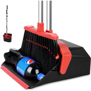 Tiumso Upgrade Broom with Dustpan Combo Set, Broom and Dustpan Set with 51'' Long Handle, Dust Pan and Brooms, ZeroGap Lip, Self-Cleaning Dustpans Teeth for Lobby Kitchen Restaurant - Black and Red