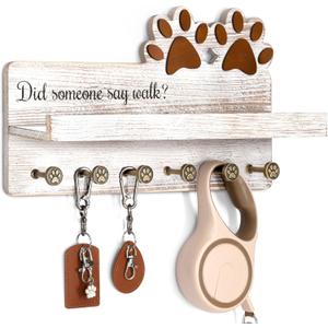 MTERSN Farmhouse Dog Leash Holder for Wall - Dog Stuff Organizer and Key Holder Wall Mount with a Floating Shelf & 6 Hooks for Home Decor - Perfect Gifts for Dogs Lovers (White)