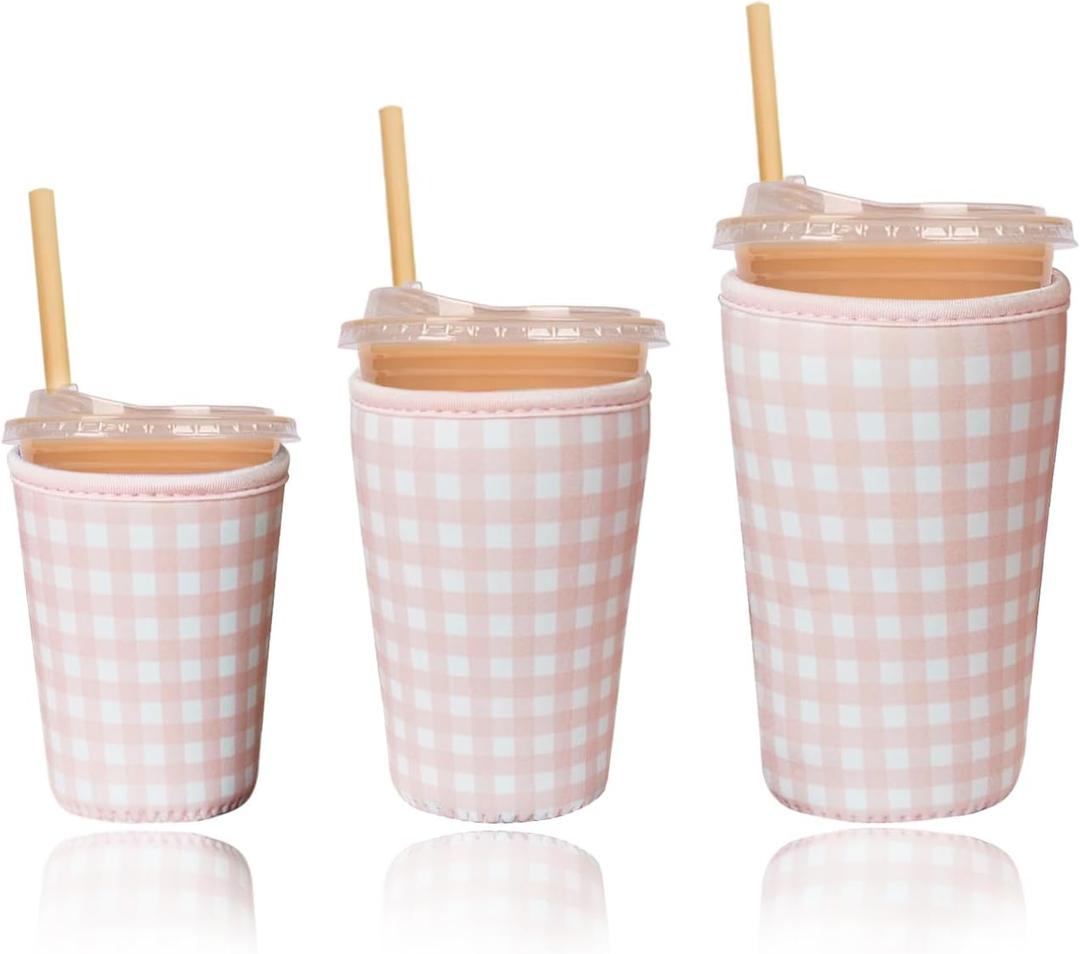 Reusable Insulated Sleeve for Iced Coffee Cup, 3-Pack Coffee Neoprene Drink Sleeve for Cold & Hot Drinks, Beverage Holder for Iced Coffee (Pink Gingham)