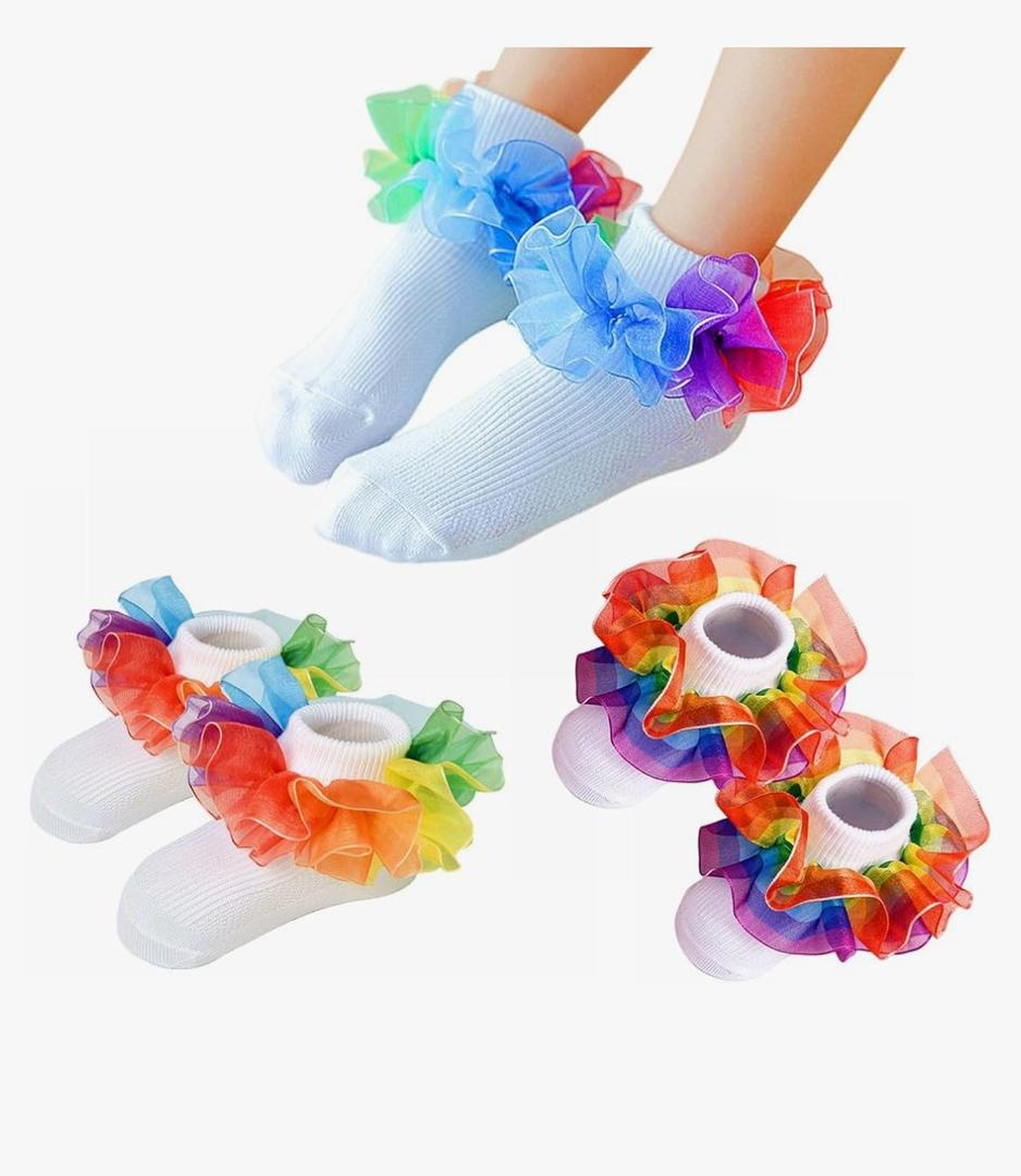 Toddler Girls Socks with Rainbow Lace Ruffle Trim Cotton Baby Socks Frilly Dress Socks for Little Girls