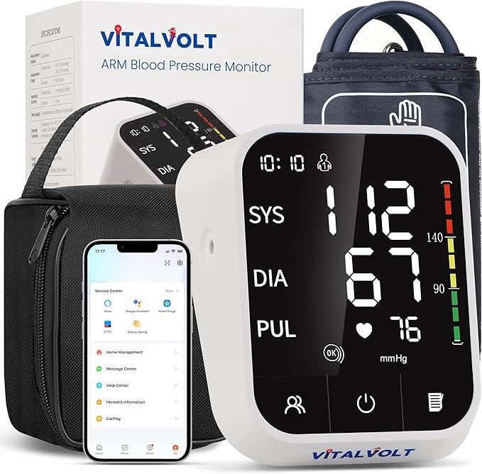VitalVolt Blood Pressure Monitor for Home Use, Automatic Arm BP Machine with Large Adjustable Cuff (8.717”), Bluetooth Heart Rate Monitor, Accurate Digital BP Monitor for iOS & Android