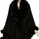 Elegant Faux Fox Fur Collar Knitted Cardigan Shawl Bride Wedding Party Shawl Cloak Coat (Black)