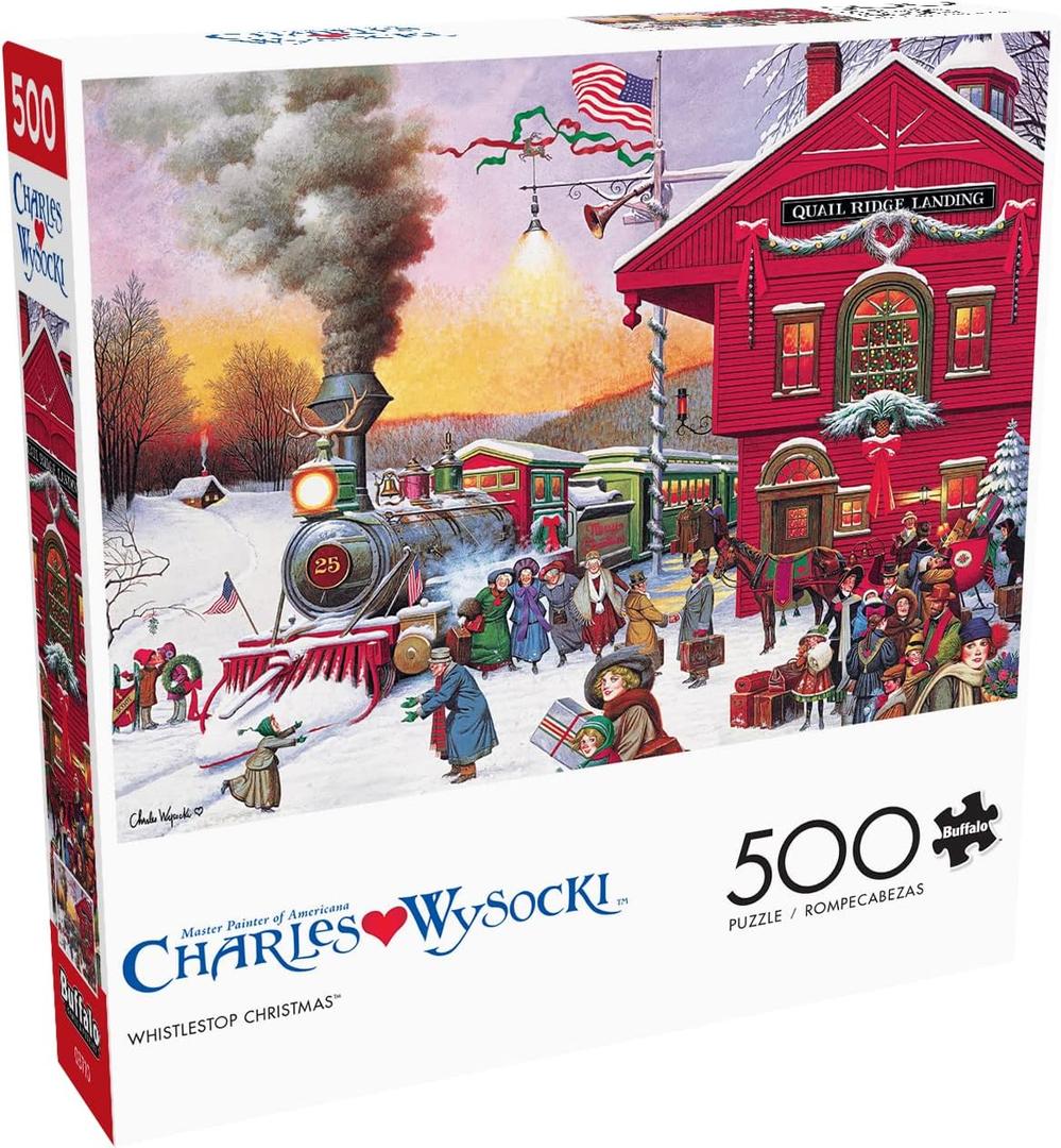 Buffalo Games  Whistle Stop Christmas  500 Piece Holiday Puzzle for Adults  Charles Wysocki Jigsaw Puzzles  Festive Train Scene with Poster – 500 Colorful Pieces