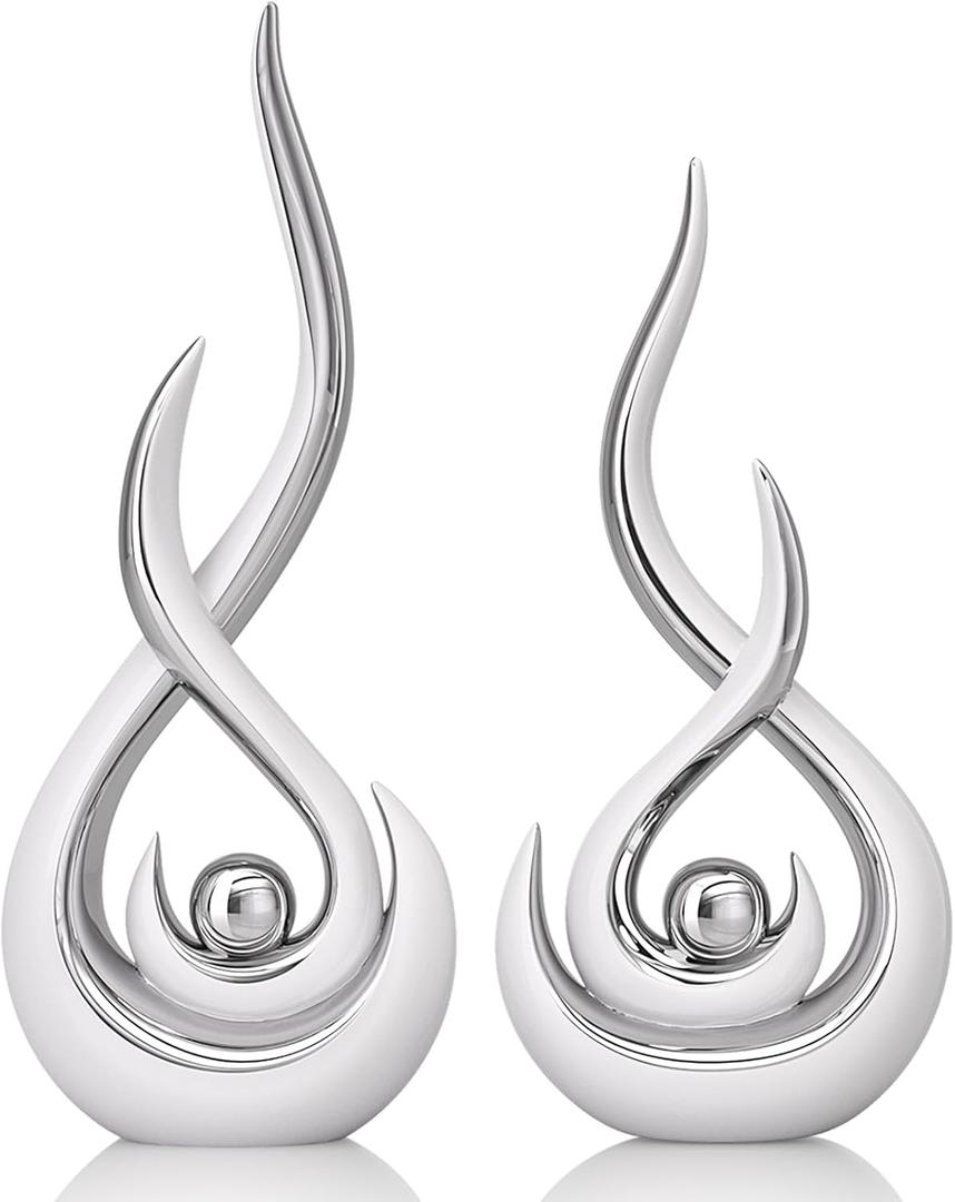 Modern Abstract Art Home Decor Accent,Contemporary Statues Coffee Table Decor for Living Room,Table Centerpieces for Dining Room,Ceramic Sculptures Knick Knacks for TV Stand Show Piece (White Silver)