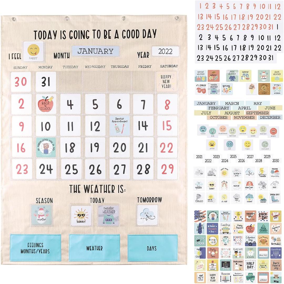 The Peanutshell Learning Calendar Wall Chart - Homeschool Supplies, Interactive Pocket Chart for Toddlers & Kids - Preschool Learning Activity Board, Circle Time Board for Classroom - Good Day