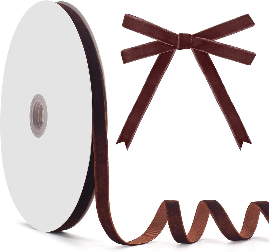 2 x Brown Velvet Ribbon, Vintage Velvet Ribbon 3/8 Inch x 25 Yards, Brown Christmas Ribbons for Gift Wrapping, Christmas Tree Ornaments, Flower Bouquet, Wreath Decorations, Bow Making