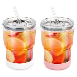 13 oz Glass Water Tumbler with Straw and Lid, 2 Pack Glass Water Cup With Silicone Bumper, Sealed Carry-On Thick Wall Drinking Cups for Iced Coffee, Iced Tea, Fruit Juice (Aurora-White,Pink)