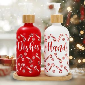 2 Pcs Christmas Soap Dispenser Glass Soap Dispenser with Pump Red Xmas Candy Cane Refillable Liquid Container for Hands Dishes Party Home Kitchen Bathroom Decor