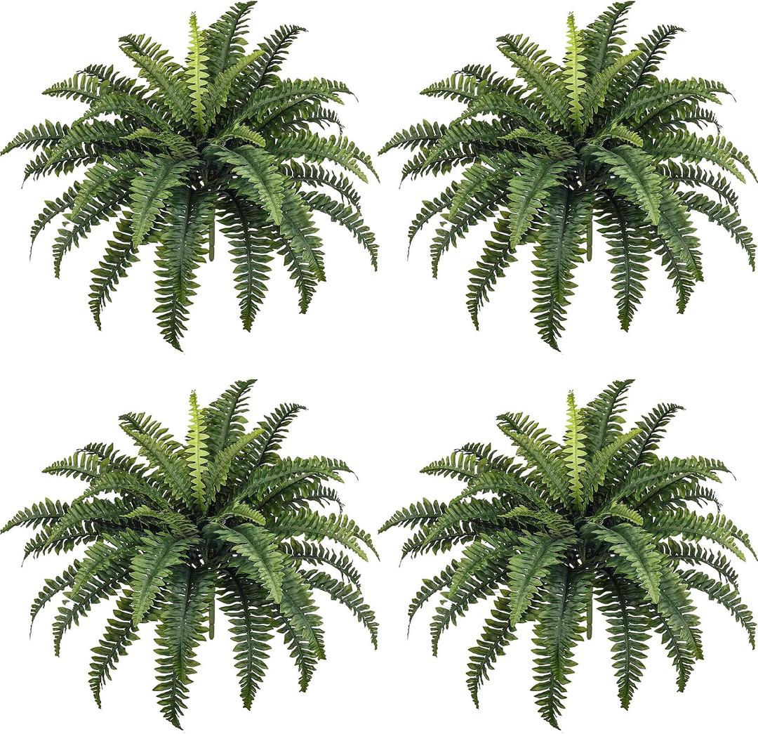 FOREST PRINCE 35" Fake Ferns, 4 Large Artificial Bonston Ferns Bushes Plants with 39 Fronds for Outdoors Garden Patio Porch Entrance Low Maintain Home Decor