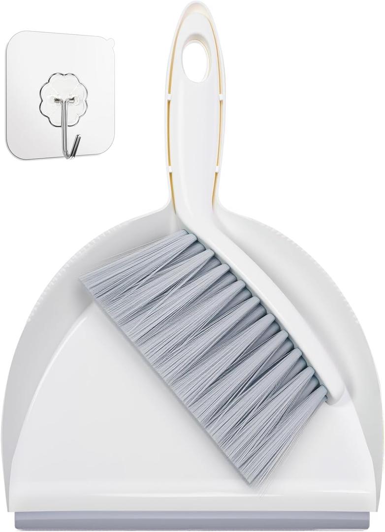 Mini Handheld Broom and Dustpan Set  Small Cleaning Set with 7" Wide Dustpan Opening, Compact & Cute Design, Hand Brush Bristles for Hair/Debris, Ideal for Pet, Sofa, Kitchen (White & Puff Gray)