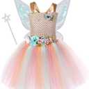 Tutu Dreams Long Train Fairy Princess Dress for Girls 1-8Y with Wings Set Birthday Party (Large, Brown)