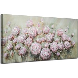 Arjun Pink Rose Wall Art Flower Canvas Painting 3D Textured Floral Silver Grey Artwork Modern Abstract Petals Tranquil Framed Large for Living Room Bedroom Bathroom Home Office Wall Decor, 40"x20"