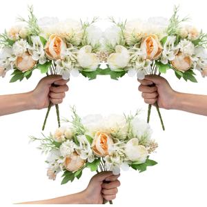 LAWOHO 6 Pack Artificial Flowers Fake Faux Peony Silk Carnations Hydrangea Daisy Realistic Flower Bouquets Arrangements for Wedding Decoration Plastic Floral Table Centerpieces Decor(White)