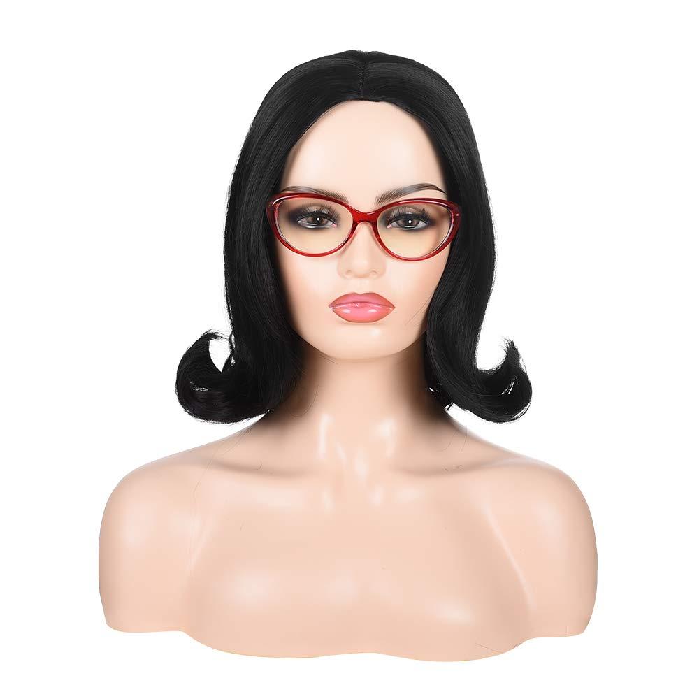 QACCF Short Black Flip Out Bob Women Halloween Costume Linda Wig + Red Glasses (No Bang)