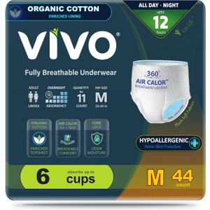 VIVO Organic Cotton Sensitive Skin Overnight Adult Incontinence Pullup Underwear, Women & Men, Medium 44 Count