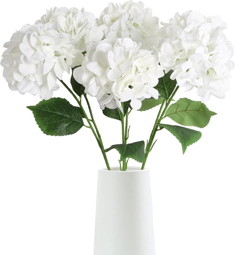 6pcs 28in White Hydrangea Artificial Silk Flowers for Tall Vase Long Stem Big Fake Hydrangea Flowers Lifelike Faux Hydrangea for Wedding Baby Shower Party Home Table Centerpieces Decor (White)