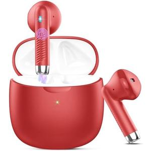 Wireless Earbuds, Bluetooth 5.4 Earbuds Stereo Bass, Bluetooth Headphones in Ear Noise Cancelling Mic, Earphones IP7 Waterproof Sports, 32H Playtime USB C Charging Case Red Ear Buds for Android iOS