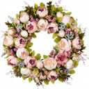 Front Door Wreath, 22 Inch Spring Wreath Handmade Peony Rose Door Summer Wreaths for Outdoor Front Door, Wall and Window Decor (Pink)