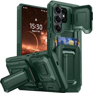 for Samsung Galaxy S26 Ultra Wallet Case with Card Holder & Kickstand & Full Camera Lens Cover, Military Grade Drop Shockproof Rugged Phone Case for S26 Ultra 6.9'', Green