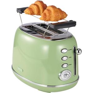 Wiltal Toaster Retro 2 Slice, Vintage Green Toaster with Lid, with Bread Attachment, Preheat, Defrost And Cancel Functions, 6 Browning Levels (Green)