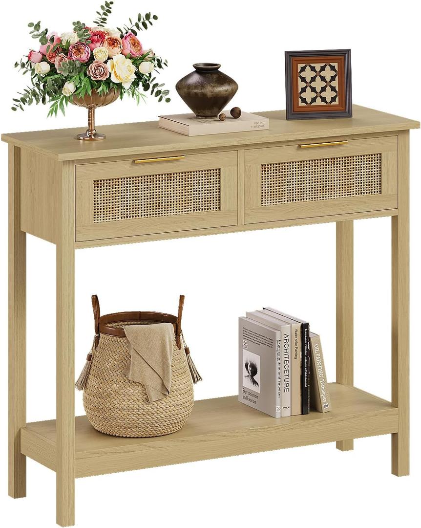 Trironsun Farmhouse Rattan Console Table with 2 Drawers 2 Tier Boho Narrow Long Sofa Table Natural with Open Storage Shelf Wood Entryway Table for Living Room Hallway Foyer (Nature, 39.4 Inch)