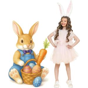 Tatuo 47" H Easter Bunny Cardboard Cutout Stand up Vintage Rabbit with Egg Carrot Standee Life Size Bunny Photo Props for Easter Large Backdrop Background Party Decorations