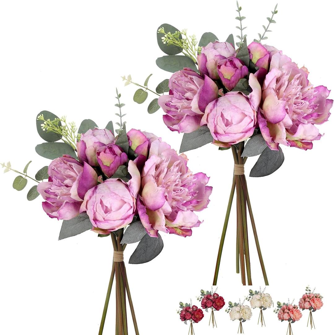 Purple Peonies Artificial Flowers 21pcs Fake Silk Peonies with Eucalyptus & Stems - Faux Flowers Centerpieces for Table Vase Home Bouquet Cemetery Grave Headstone Floral Arranging Crafting Decorations