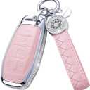 for Ford Key Fob Cover with Keychain, Leather Crystal Key Case Protector Compatible with Ford Fusion Mustang F150 Edge Explorer Lincoln MKZ MKC MKX Smart Remote Key, Pink (model 2-pink)
