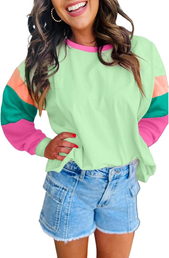 SELINK Womens Long Sleeve T Shirts Loose Fit Casual Fall Tops Trendy Colorblock Oversized Tshirts (L)