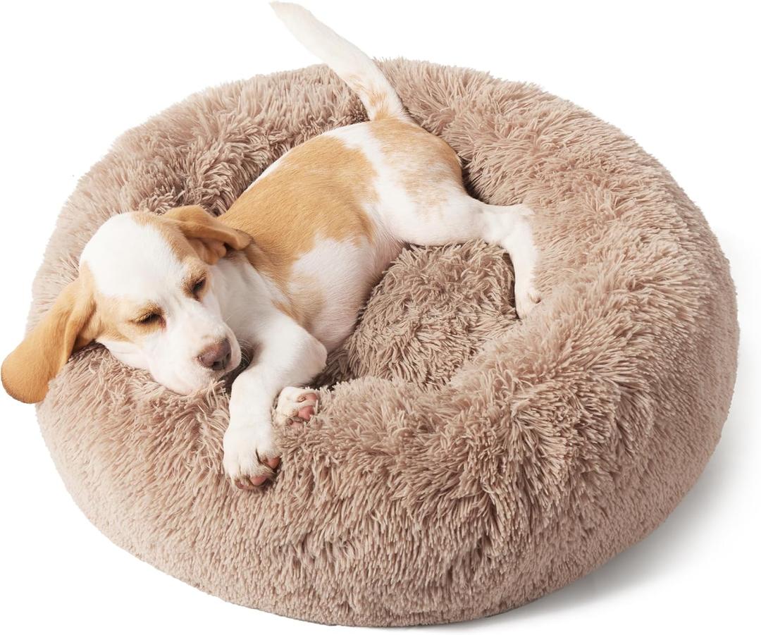 Bedsure Calming Dog Bed for Small Dogs - Donut Washable Small Pet Bed, 23 inches Anti-Slip Round Fluffy Plush Faux Fur Large Cat Bed, Fits up to 25 lbs Pets, Camel (23.0"L x 23.0"W x 8.0"Th)