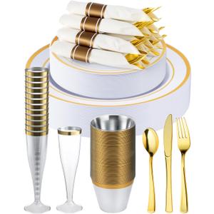 Goodluck 320PCS Gold Disposable Plastic Dinnerware Set for 40 Guests, Include 40 Dinner Plates, 40 Dessert Plates, 40 Napkins with Silverware, 40 Cups, 40 Champagne Glasses, for Christmas, Wedding