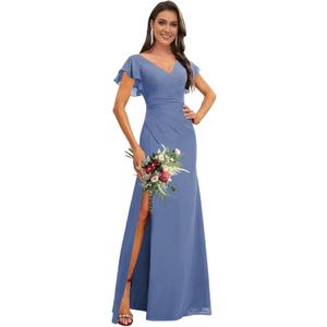 Flutter Sleeves Bridesmaid Dresses for Wedding Chiffon V Neck Ruffles Empire Waist Formal Party Dress with Slit 2025 (6, Steel Blue)