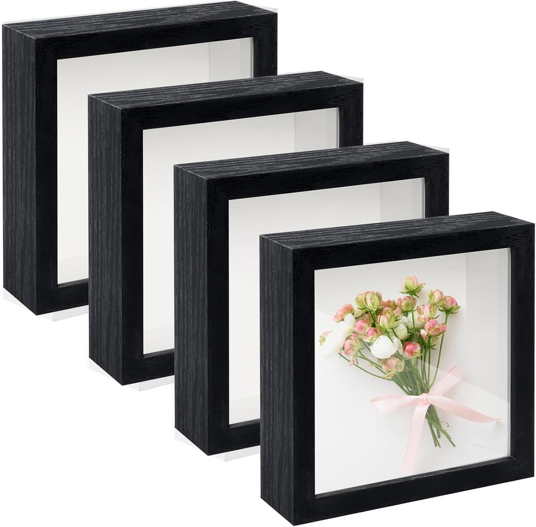 4 Pack 5"x 5" Shadow Boxes Frame Display Cases Wood Deep Shadowbox for Photos, Dried Flowers, Handicrafts Picture Frames for Wall Tabletop (Black, 5x5)
