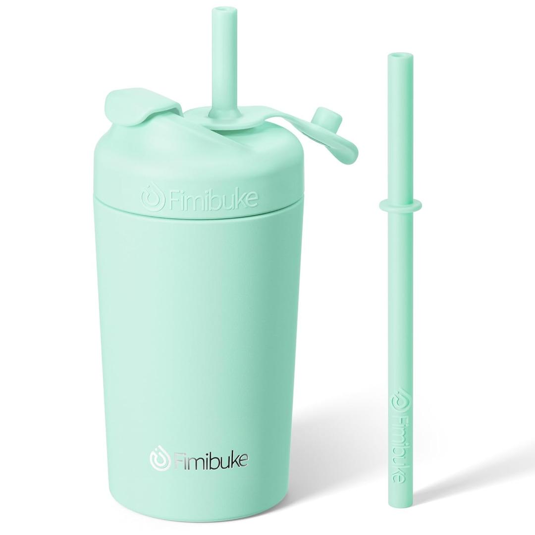 Fimibuke Kids & Toddler Cups, 10 OZ Spill Proof Straw Cups for Toddlers, Leak-Proof Kids Insulated Tumblers with Screw-On Lid & Silicone Straws with Stopper, Stainless Steel Sippy Cup for Girls Boys (Mint)