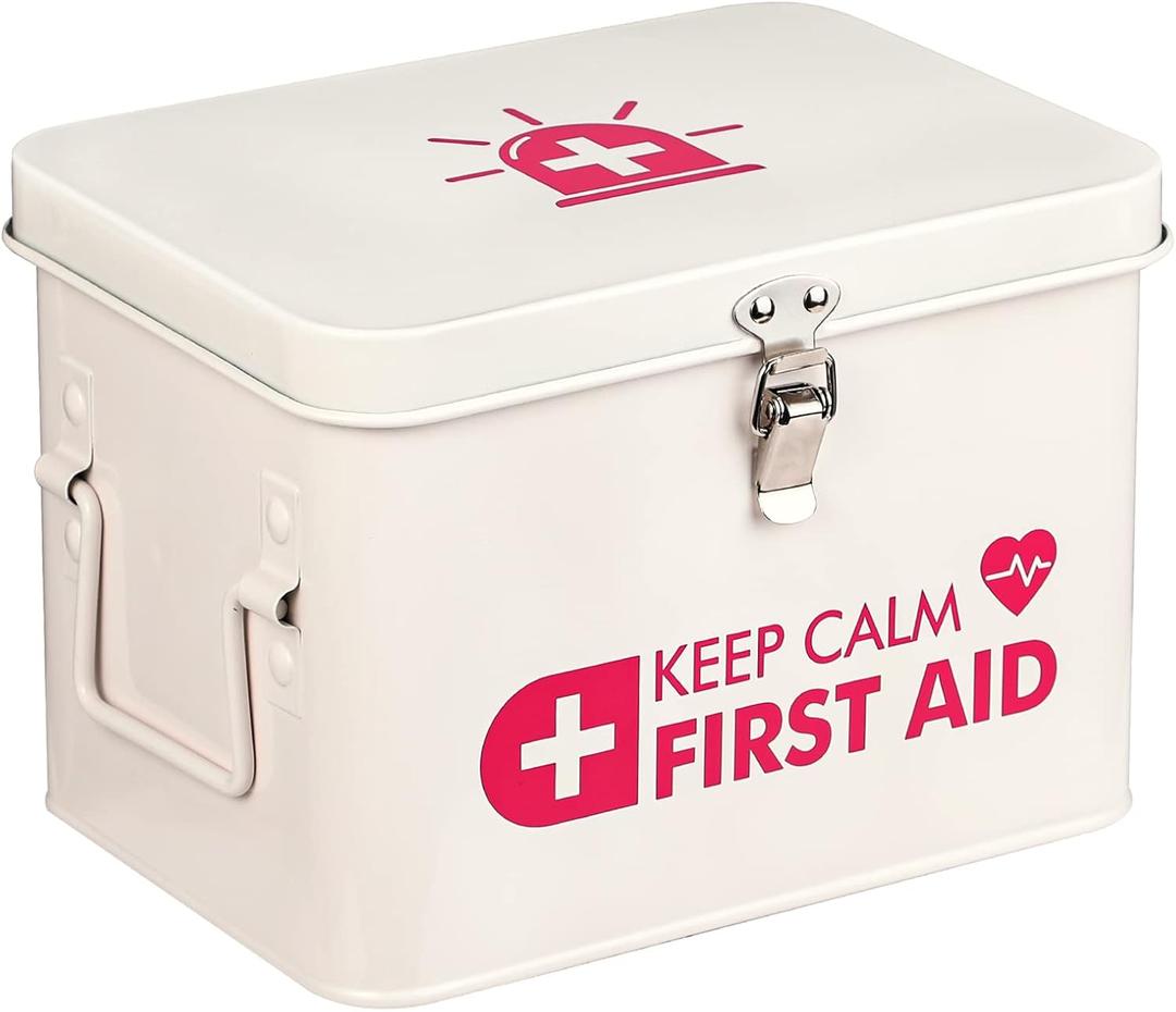 Kamehame First Aid Box, Keep Calm First Aid Medicine Storage Bin with Lid, Vintage Metal First Aid Organizer Empty Box for Home Emergency Tool Set, Latch Closure, Removable Tray and Side Handles