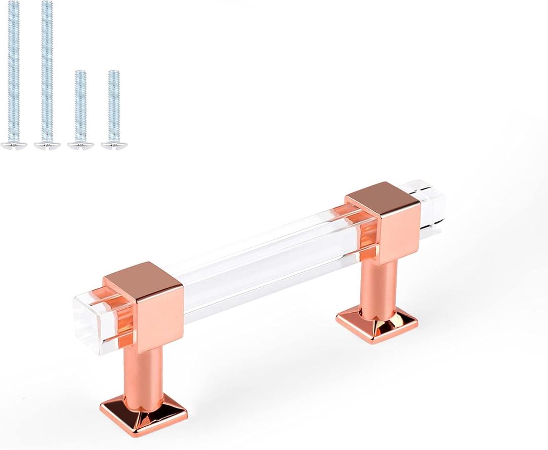Orger 5 Pack Kitchen Cabinet Handles 3 in Hole Centers, Square Clear Acrylic Cabinet Pulls with Rose Gold Finish Base, Modern Decor Drawer Pulls for Bathroom/Bathroom Cabinet Hardware