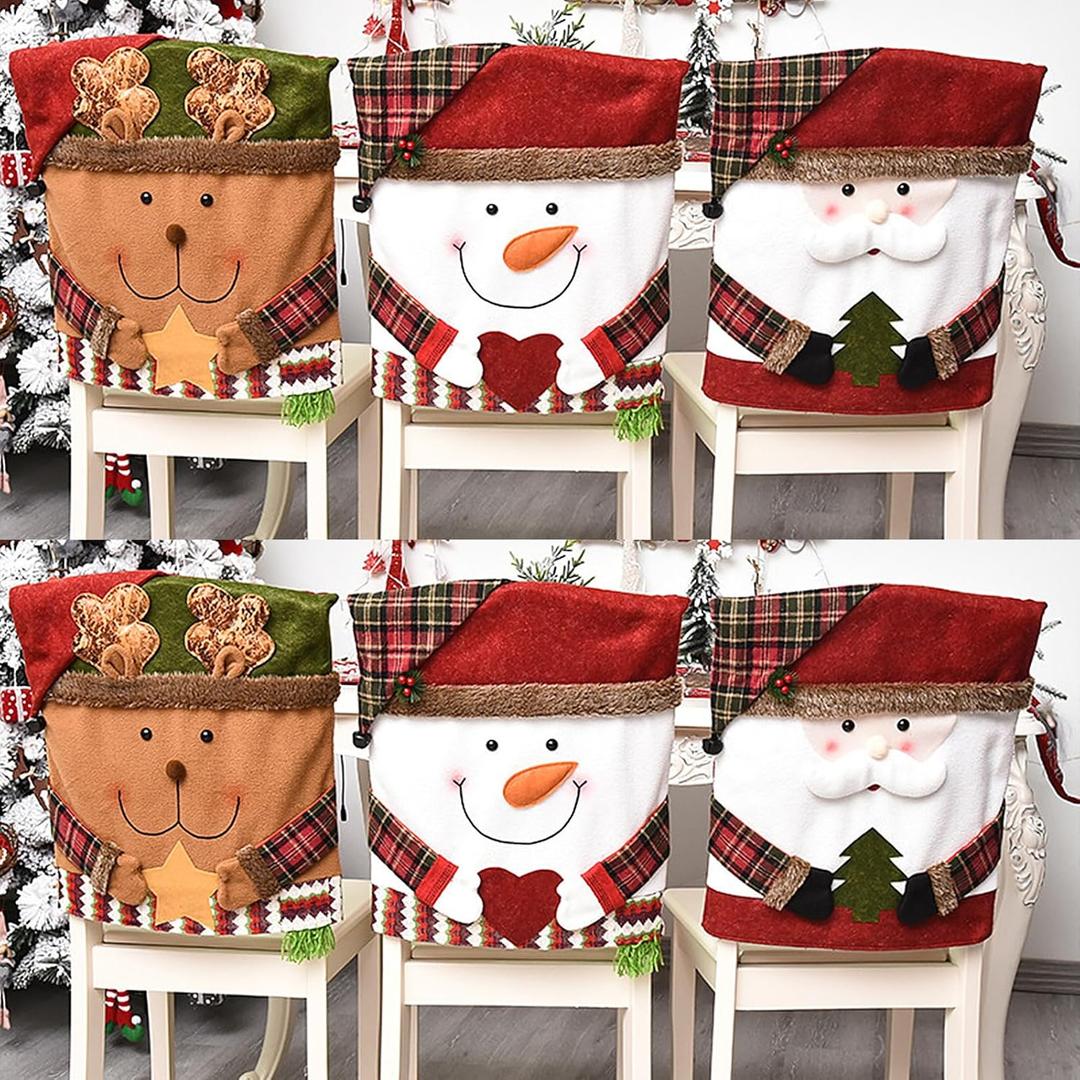 6 Pcs Christmas Chair Back Cover for Dining Room, Santa Claus Snowman Reindeer Xmas Dinner Chairs Cover, Chair Slipcover for Kitchen Hotel Holiday Party Decor