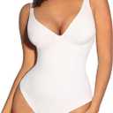 FeelinGirl Shapewear Bodysuits for Women Tummy Control Body Suits Deep V Neck Thong Body Shaper (Large, White)