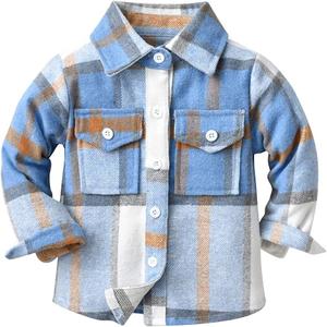 IMEKIS Toddler Kids Flannel Shirt Jacket Plaid Long Sleeve Lapel Button Down Shacket Baby Fall Christmas Coat for Boys Girls (4-5T, Blue)