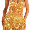 Zoestar Sequin Belly Dance Outfits Sparkly Rave Costume Skirts Tassel Sequin Bra Top Skirt for Women Gold