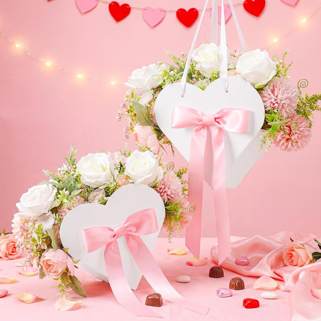 Ctosree 12 Set Heart Shaped Flower Boxes with Ribbon Bow DIY Valentine Day Flower Gift Bags Personalized Floral Packaging Bags for Bridal Shower Anniversary Valentine Day Party Supplies (White)