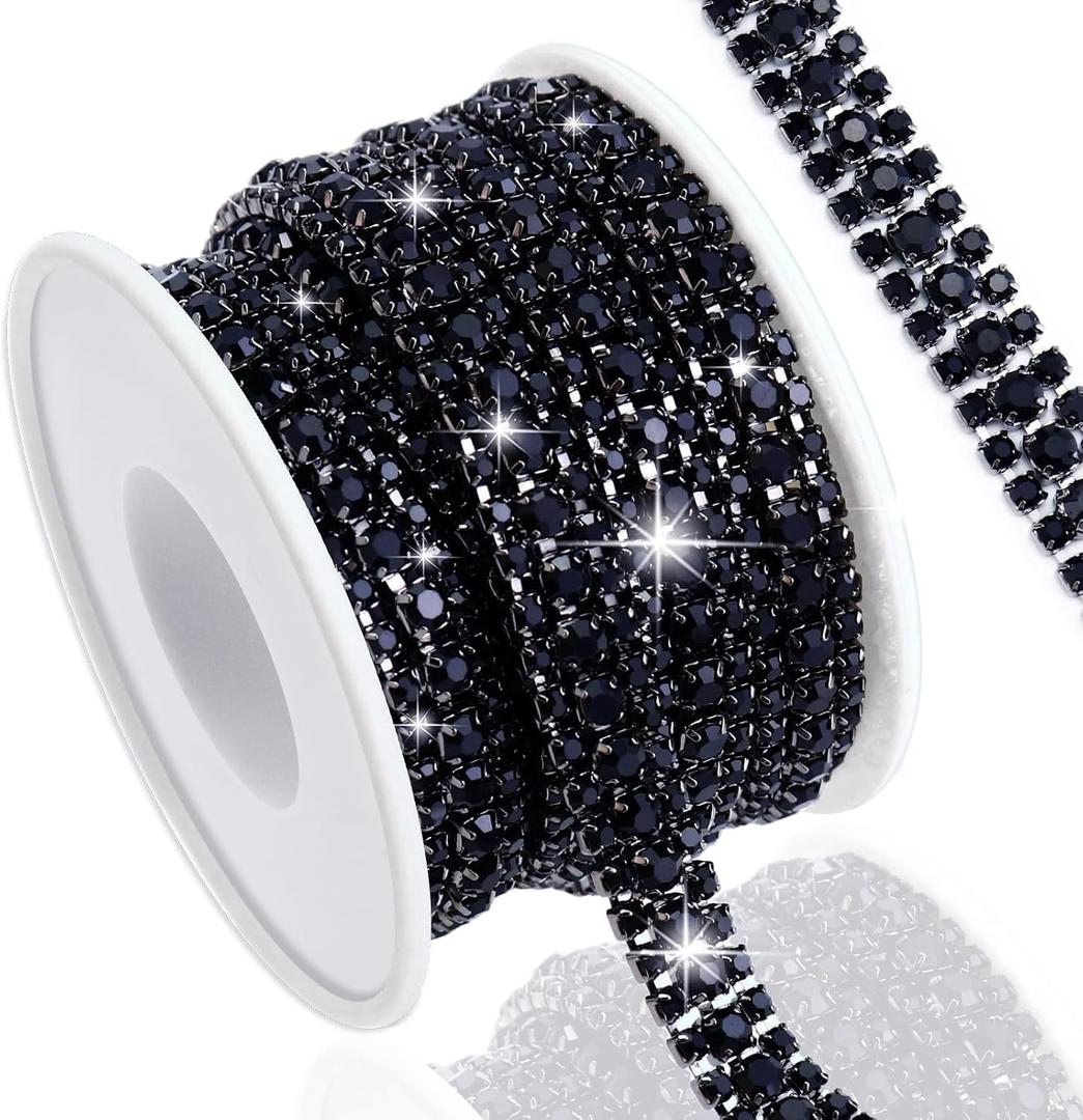 3 Yards 3 Rows Crystal Rhinestone Chain Trim for Crafts, Black Close Chain for Jewelry Making, Wedding Cake, Bouquet, Clothes, DIY Crocs, Cups, Sewing Trim (12-Black Rhinestone with Silver Base)