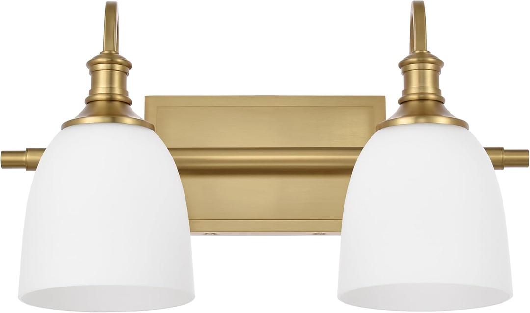 Vintage Bathroom Vanity Light Fixtures, Aged Brass 2 Lights Wall Sconce Lighting with Opal Glass Shade, Porch Wall Mount Light Fixture for Bathroom, Mirror Cabinets Hallway Stairs