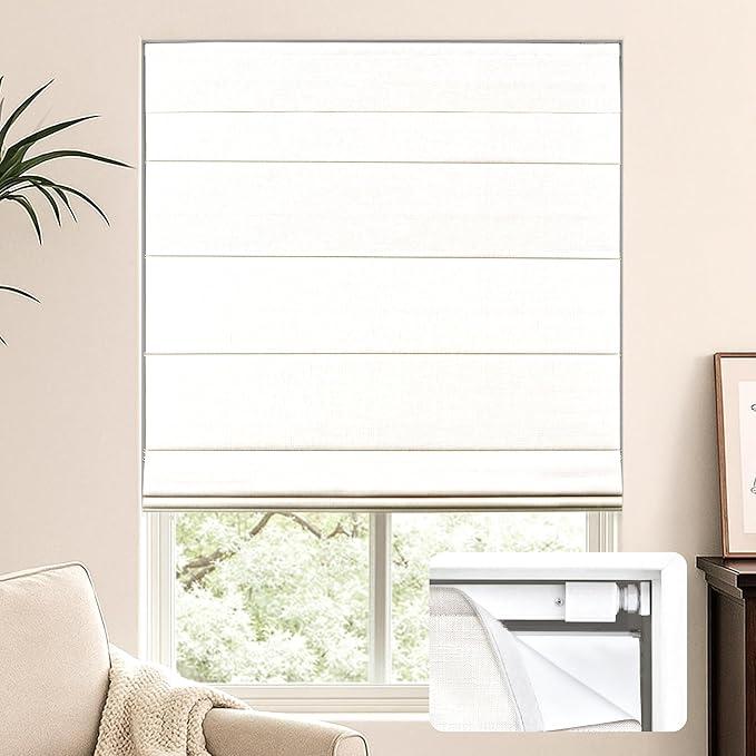 LazBlinds No Tools No Drill Cordless Roman Shades for Windows, Blackout Thermal Insulated UV Blocking Window Blinds, Lightweight Fabric Blinds for Indoor Windows, 32" W x 60" H, Blackout - White