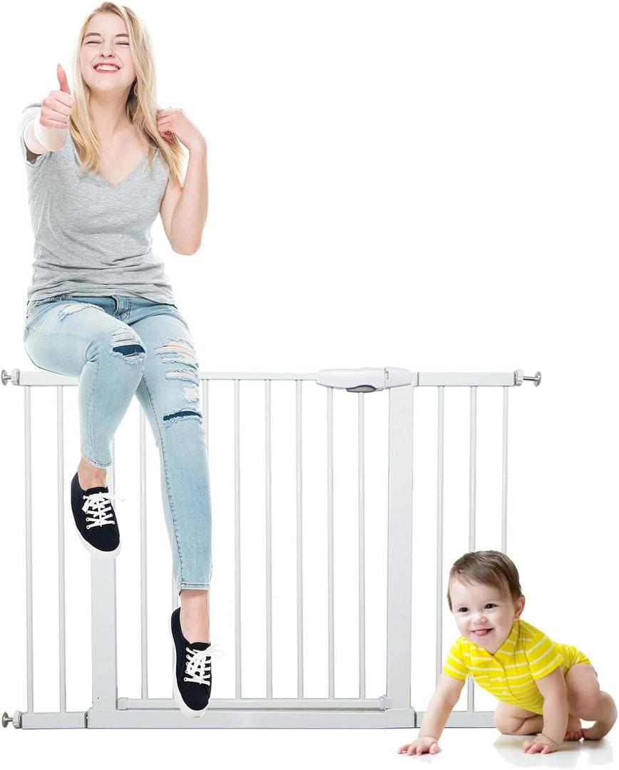 85.5''-105.1" Baby Gate for Stairs, Auto Close Dog Gate for The House, Easy Install Pressure Mounted Pet Gates for Doorways, Walk Thru Wide Safety Gate for Dog, White