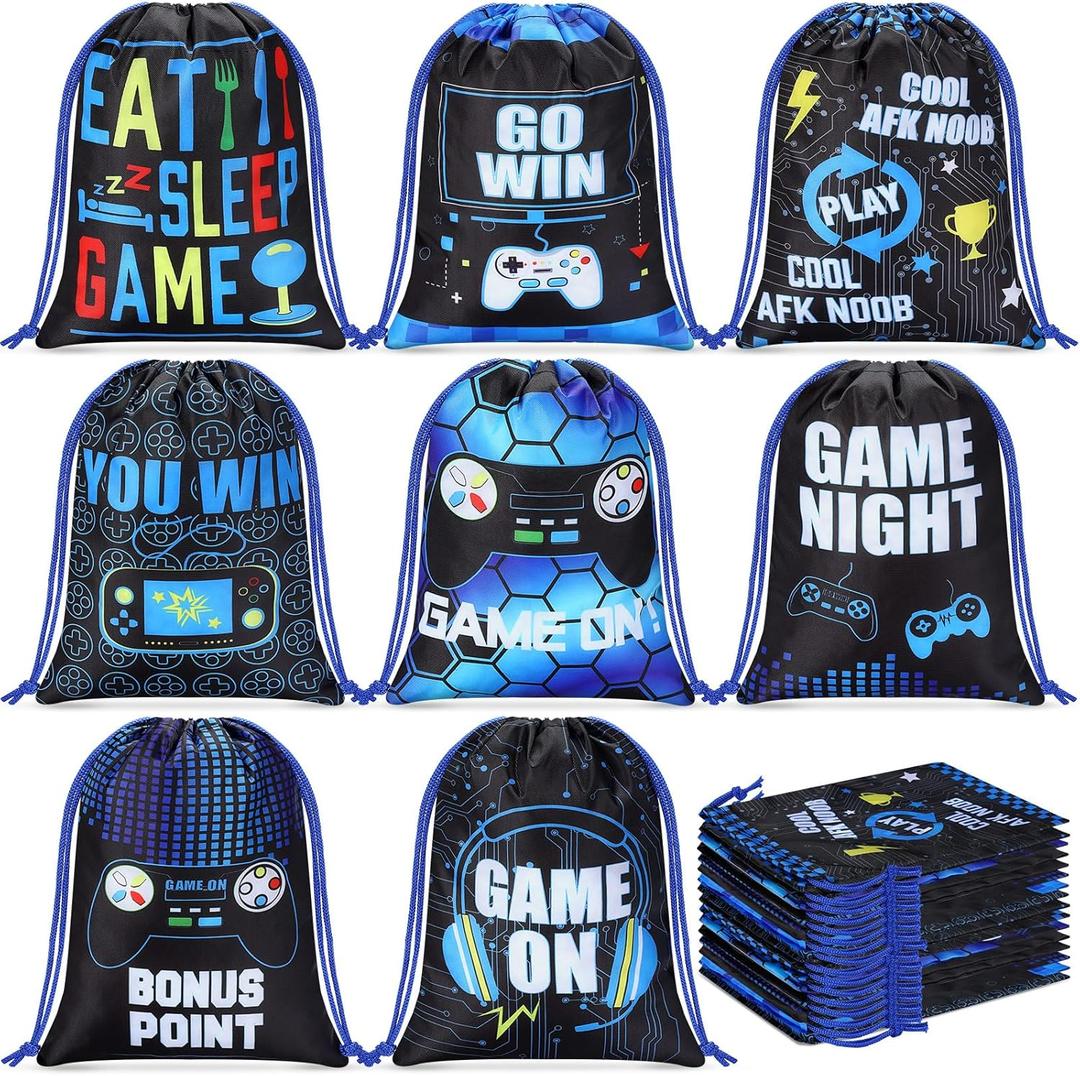 Faccito 16 Pieces Video Game Party Favors Bags 7 x 9.8 Inch Gaming Party Drawstring Bags Bulk Game Theme Goodie Candy Treat Gift for Boys Girls Birthday Supplies, 8 Styles(Blue)