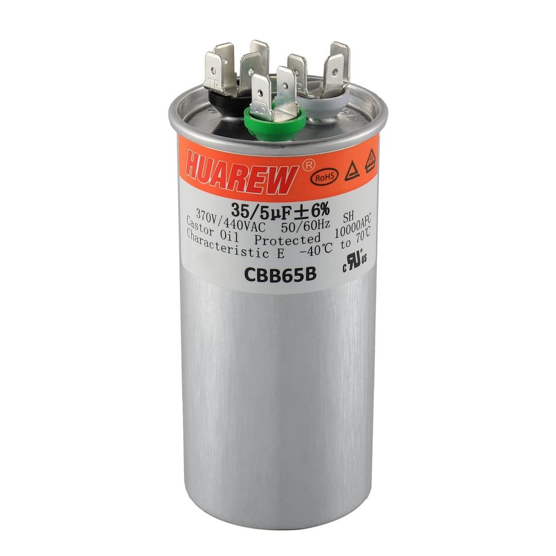 35/5 uF 35+5 MFD 6% 370V/440V CBB65B AC Capacitor Dual Run Round Capacitor Replacement 35 5 uF MFD 370 440 Volt VAC for AC Unit Fan Motor Start or Heat Pump or Condenser Straight Cool